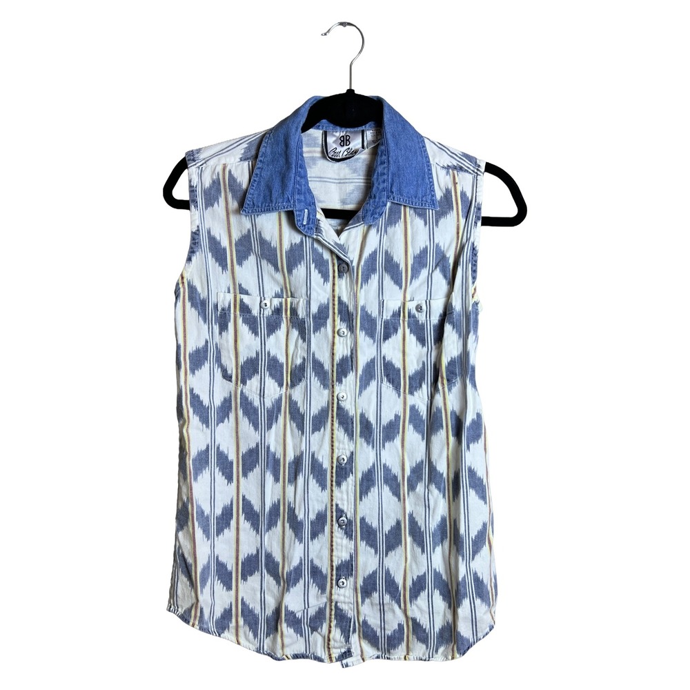Bill Blass Sleeveless Shirt 90s Women's S Western Boho‎ Ikat Denim Collar S